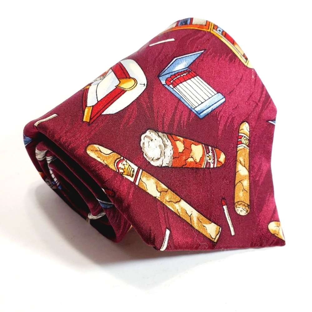 Cigar Themed Necktie Roffe Burgundy Geometric Silk Neck Tie 59x3.75"